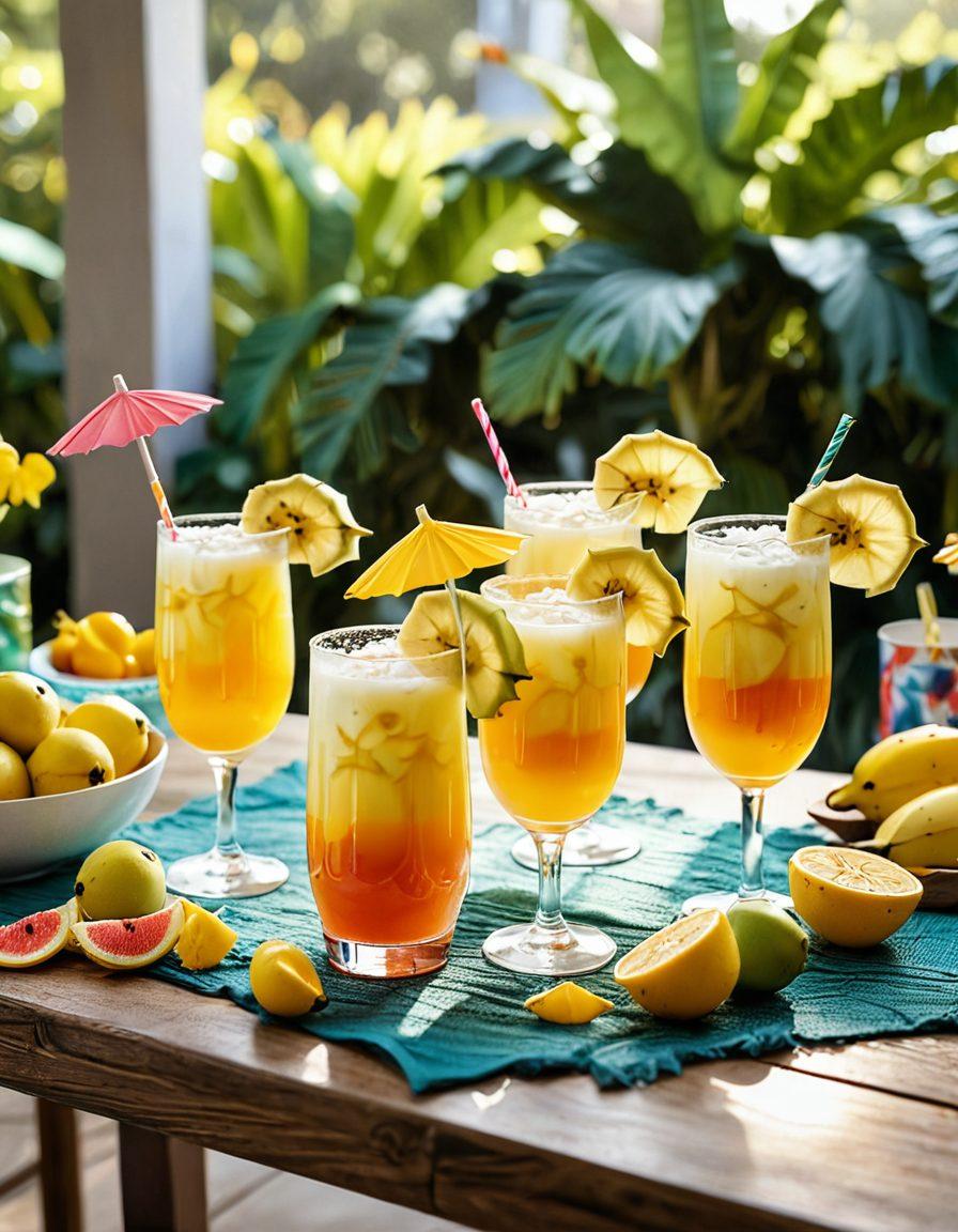 A vibrant, colorful tabletop scene showcasing an array of cheerful banana drinks in decorative cocktail glasses, adorned with whimsical garnishes like mini umbrellas and tropical fruits. In the background, a sunny atmosphere with light streaming through, enhancing the mood of a joyful gathering. Include a small dessert cocktail featuring banana flavor, all set against a playful, summer-themed decor. super-realistic. vibrant colors. 3D.