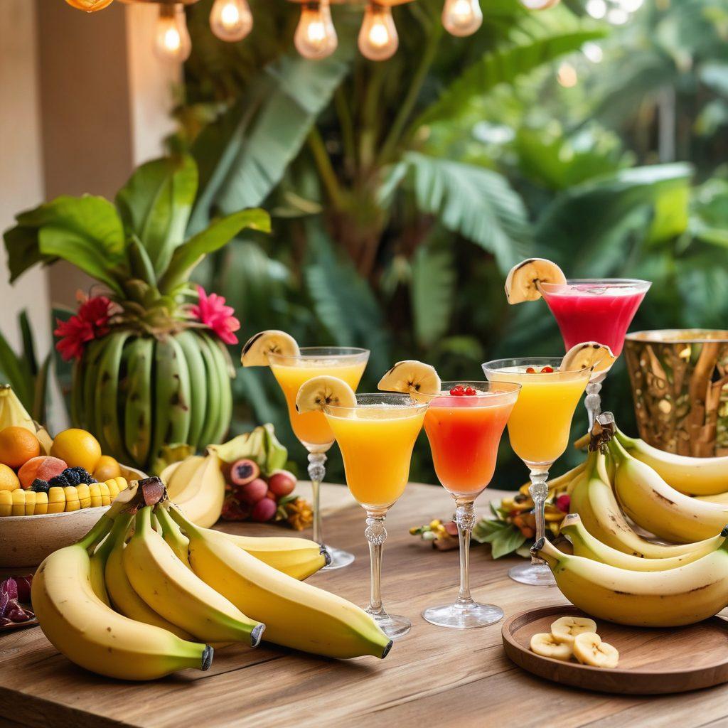 A vibrant scene featuring a variety of colorful banana-infused cocktails, each with unique garnishes like banana slices and tropical fruits. The background showcases a lively outdoor celebration with festive decorations, twinkling lights, and people enjoying themselves. The lighting is warm and inviting, promoting a cheerful atmosphere. Include a table with cocktail shaker, fresh bananas, and cocktail glasses filled with layers of color. super-realistic. bright colors. festive atmosphere.