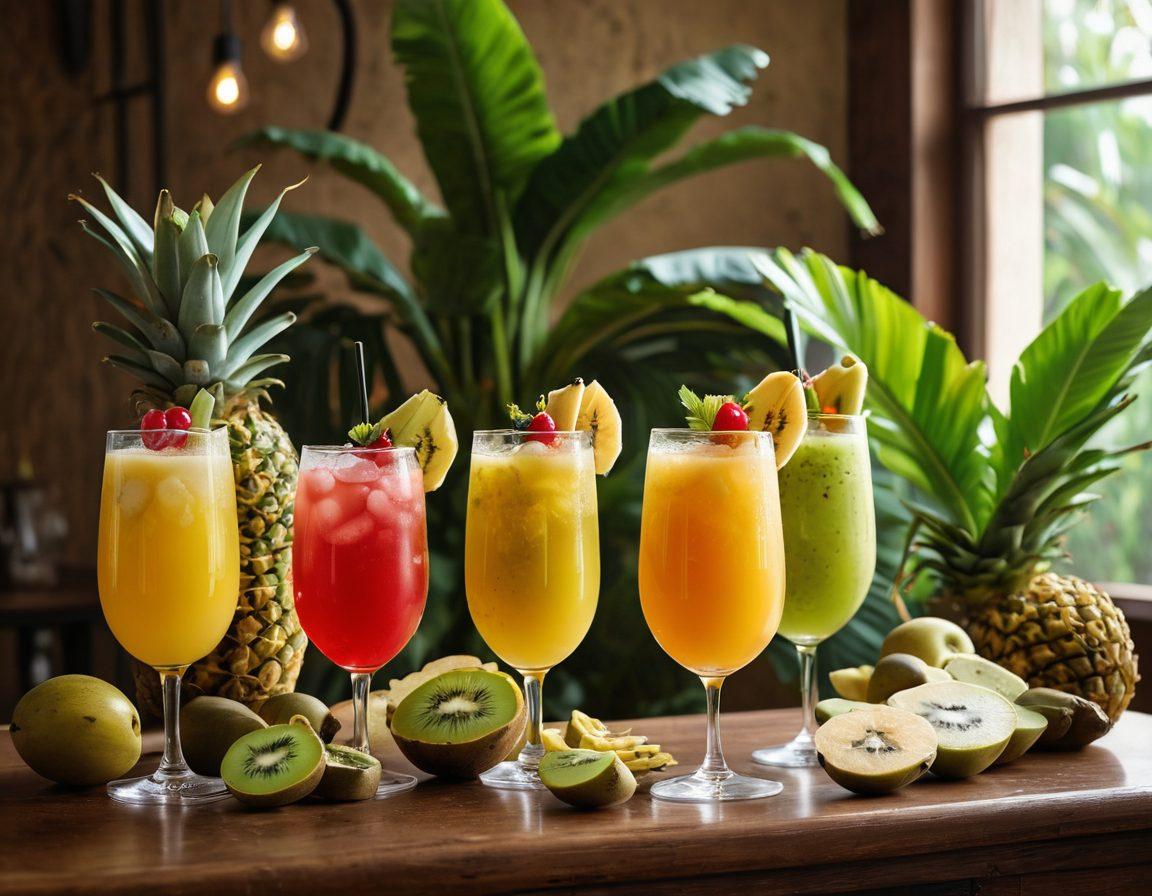 A vibrant bar scene featuring a colorful array of banana-infused cocktails, each with unique garnishes like banana slices and tropical fruits. In the background, a festive atmosphere with balloons and fairy lights, capturing a sense of celebration. The cocktails should be elegantly presented in stylish glasses, reflecting sunlight, and inviting viewers to indulge. Include hints of tropical greenery to enhance the joyful vibe. super-realistic. vibrant colors. festive atmosphere.